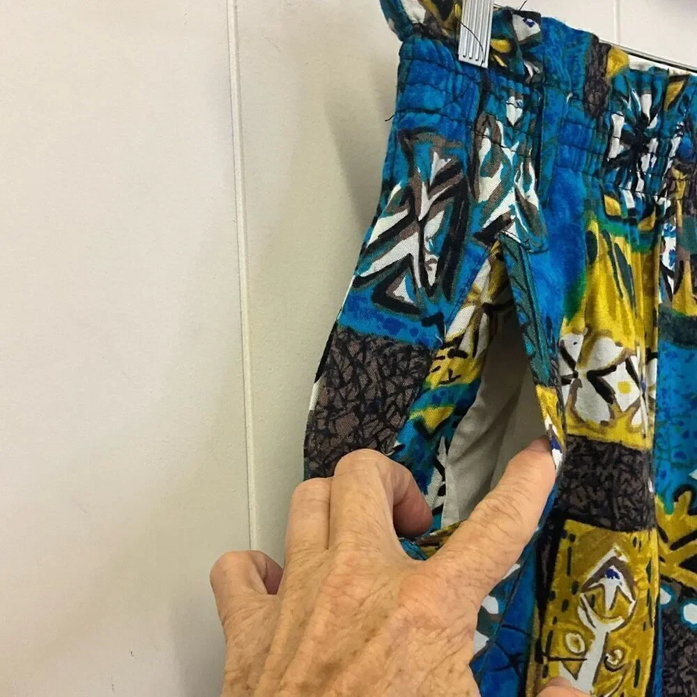 Happy Legs Womens Small Elastic Waist Pants Blue Abstract Print Hippie Pockets - Picture 2 of 8